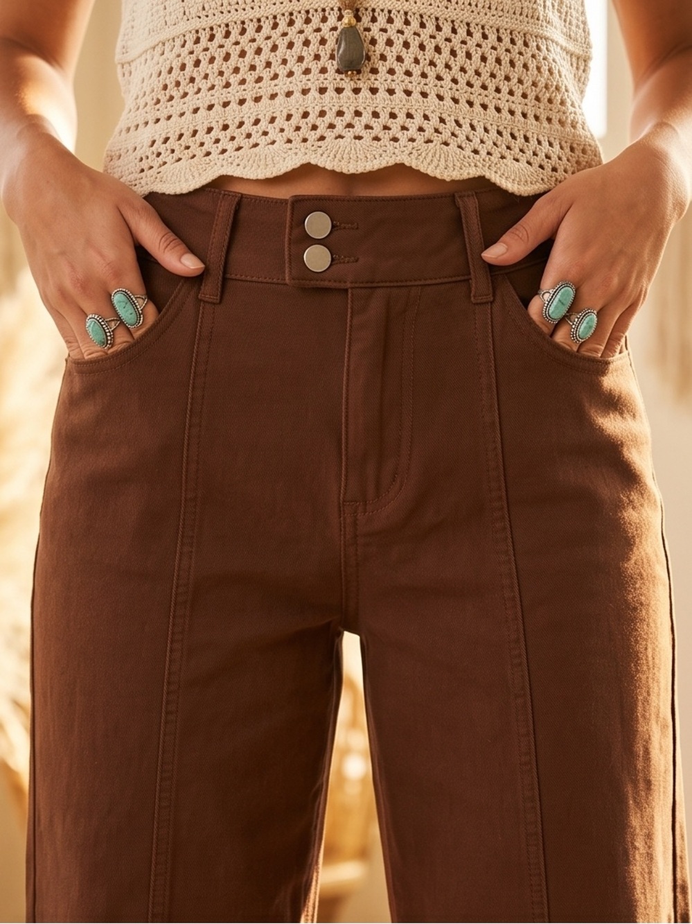 Flamingals Brown Wide Leg Pants NWT High Waist Stretch Boho Trouser Jeans Large - Picture 4 of 7